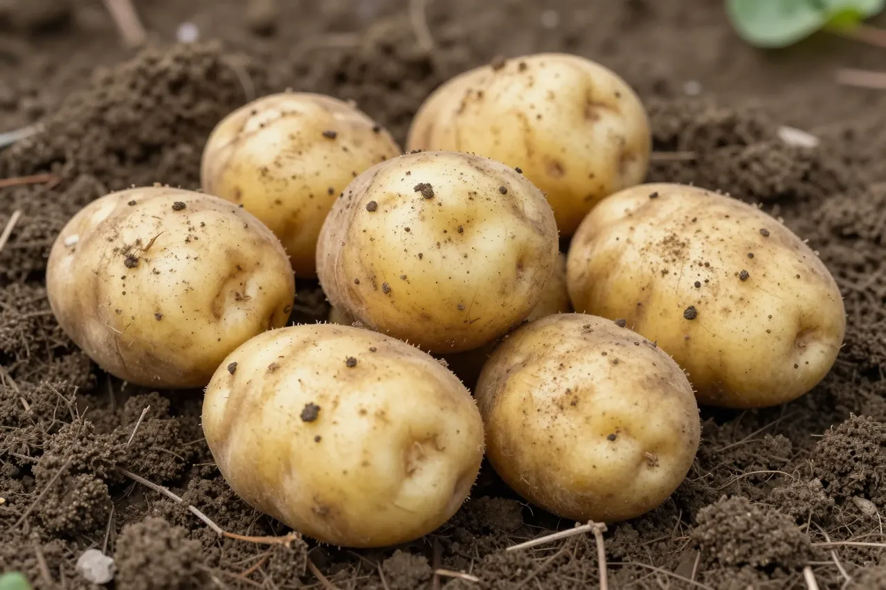Several unwashed new potatoes rest on loose dark garden soil after being harvested
