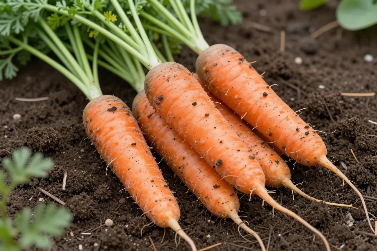 Freshly pulled whole carrots with attached green tops resting on dark crumbly garden soil