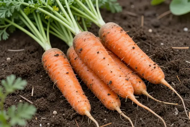 Freshly pulled whole carrots with attached green tops resting on dark crumbly garden soil