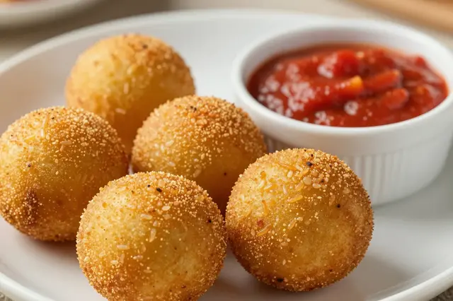 Crispy golden arancini rice balls arranged on a white plate next to a ramekin of red marinara sauce