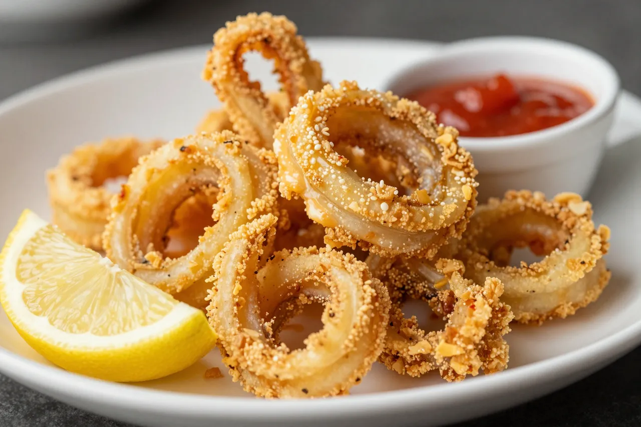 Breaded fried calamari rings sit on a white plate next to a lemon wedge and a ramekin of red marinara sauce.