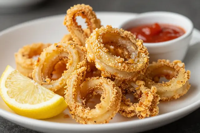 Breaded fried calamari rings sit on a white plate next to a lemon wedge and a ramekin of red marinara sauce.
