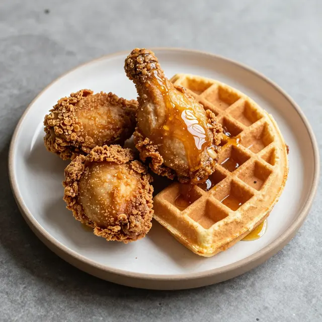 Stoneware plate with crispy fried chicken, a waffle, and drizzled honey on a gray countertop