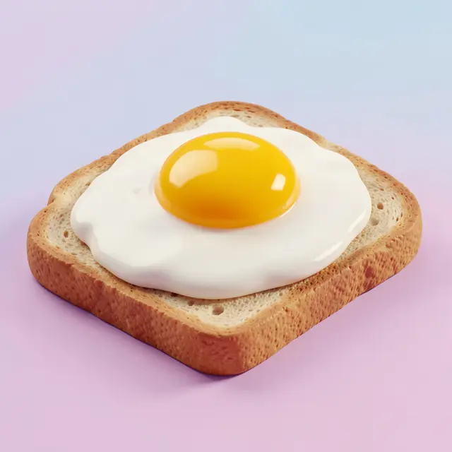 3D render of a glossy fried egg resting on a slice of toast against a pastel gradient background