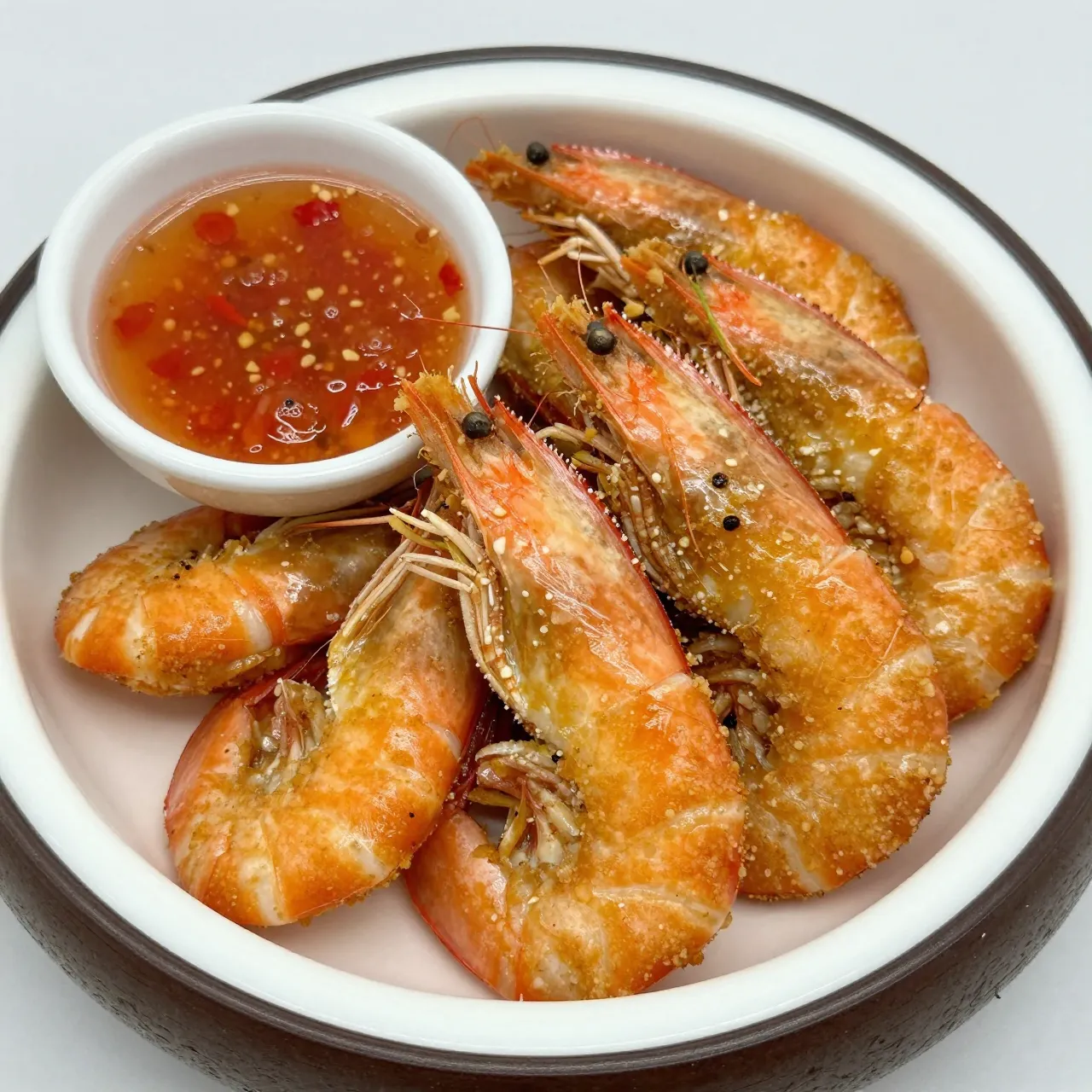 Breaded cooked shrimp served on a plate alongside a small bowl of spicy sweet chili dipping sauce