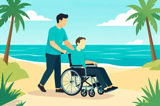 Faceless man pushing a friend in a wheelchair along a sunny sandy seaside path