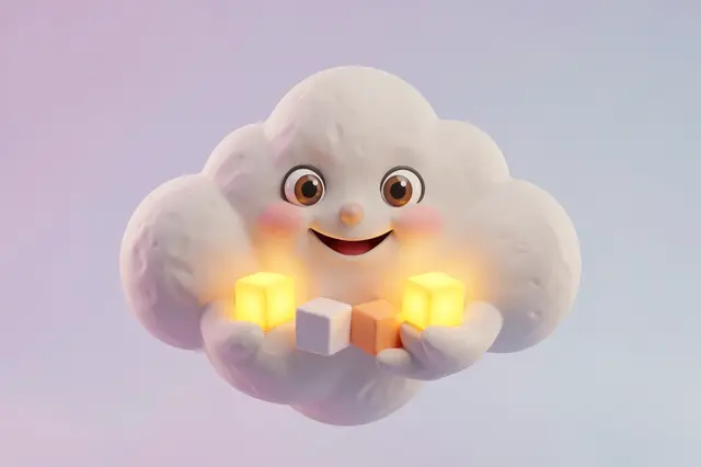 Clay-style 3D render of a smiling fluffy cloud holding glowing and solid data cubes against a pastel gradient background