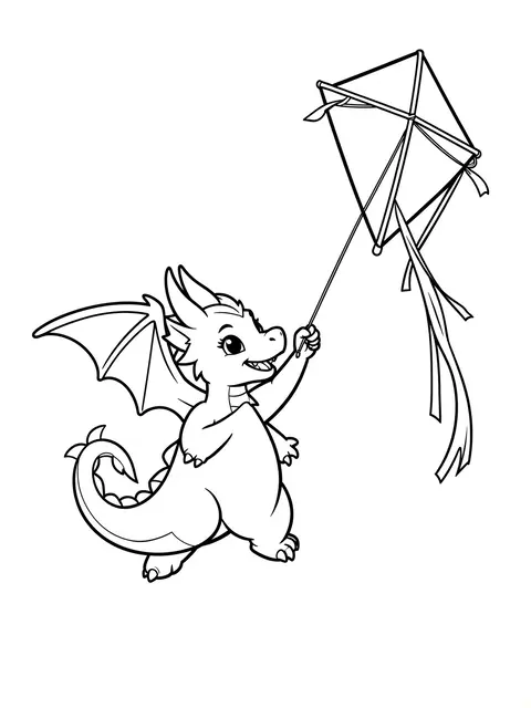 Black and white line art of a cute small friendly dragon holding the string of a diamond kite on a plain white background