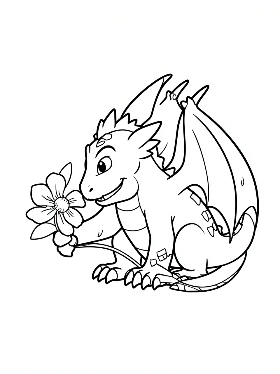 Black and white line art of a smiling cartoon dragon holding and sniffing a flower