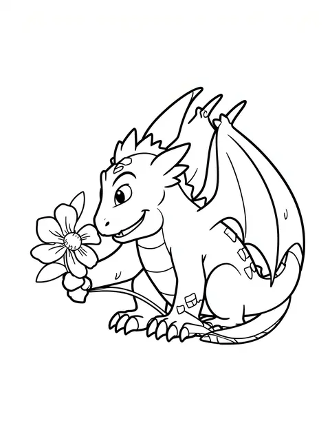 Black and white line art of a smiling cartoon dragon holding and sniffing a flower