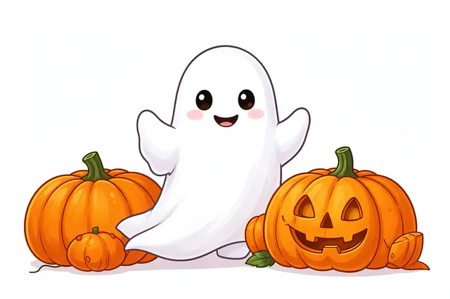 A cute smiling cartoon ghost stands between orange pumpkins including a carved jack-o'-lantern on a plain white background
