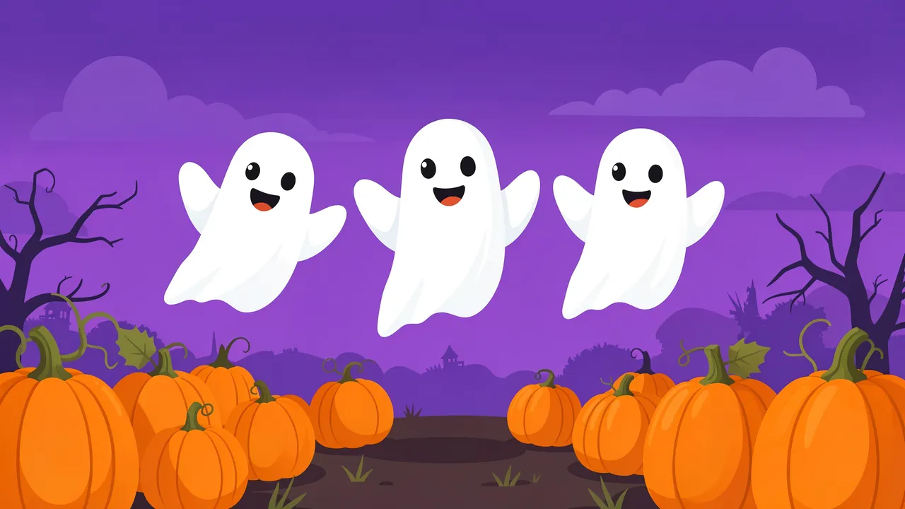 Three smiling friendly white ghosts float above orange pumpkins under a purple Halloween sky