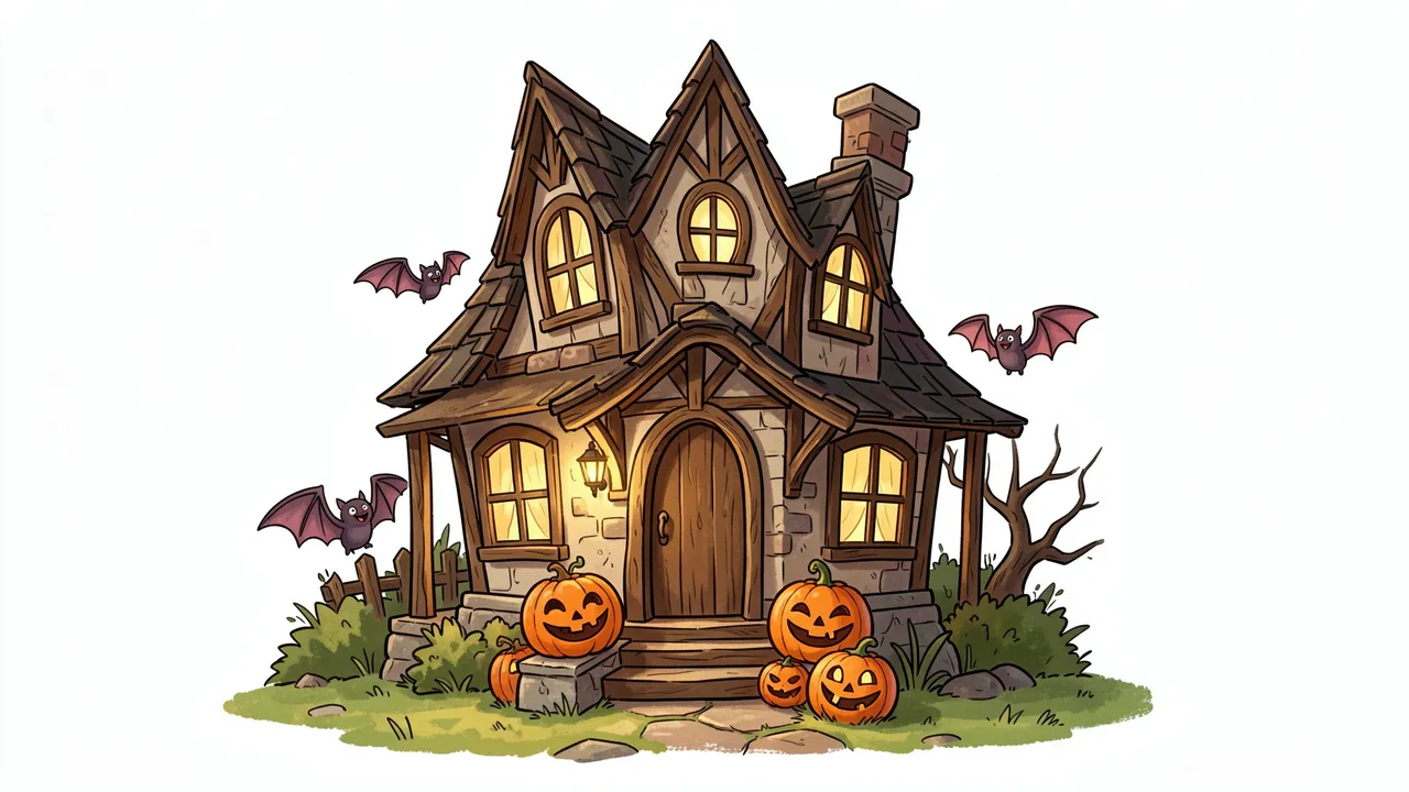 A cartoon crooked storybook haunted house with smiling jack-o'-lanterns and playful flying bats