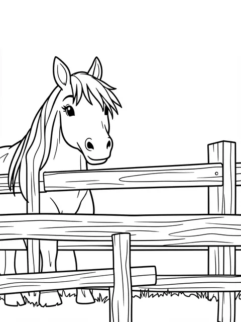 Black and white bold line art of a friendly horse looking over a wooden fence on a plain white background