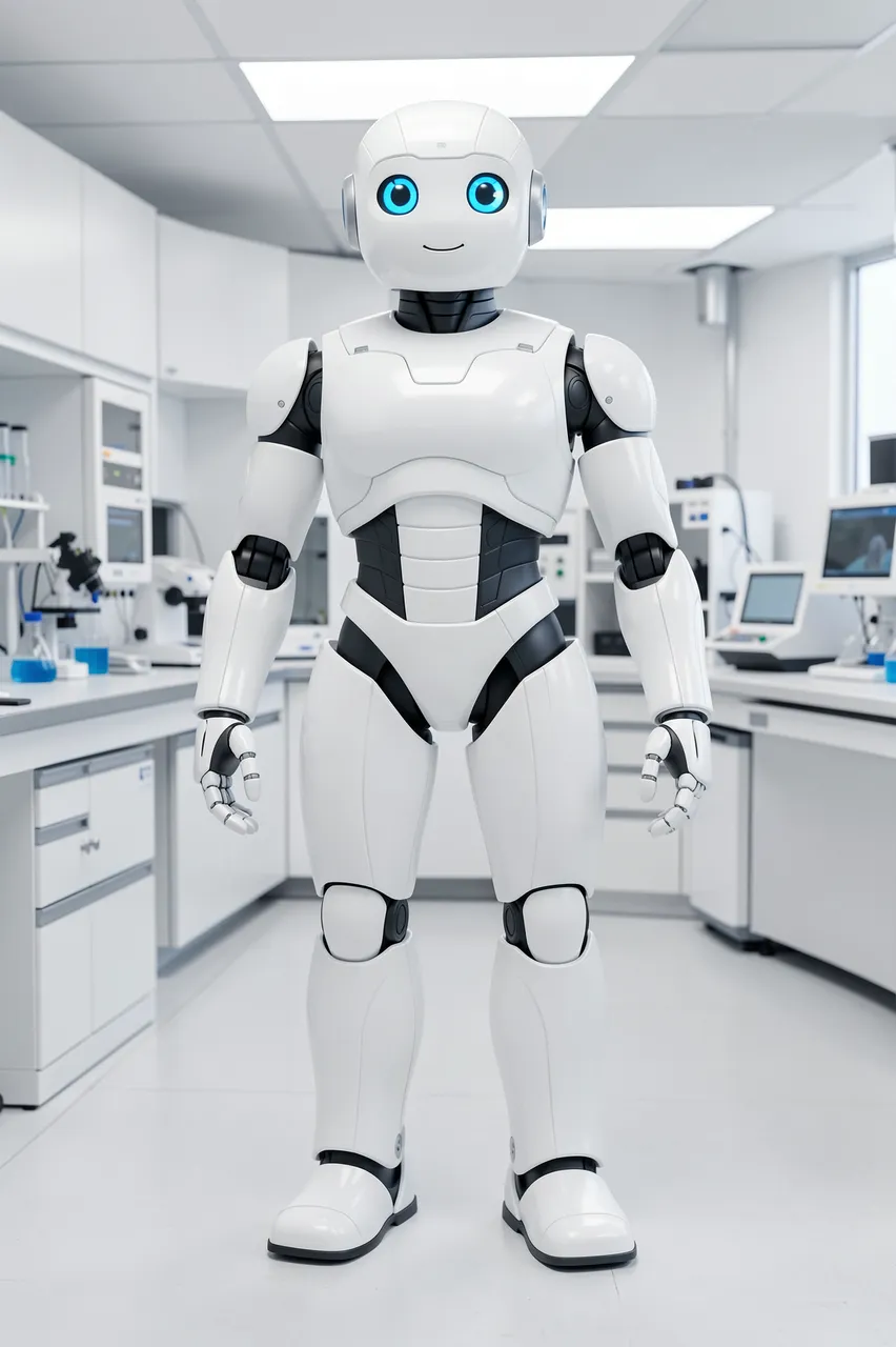 A friendly white humanoid robot stands in a bright modern science laboratory.