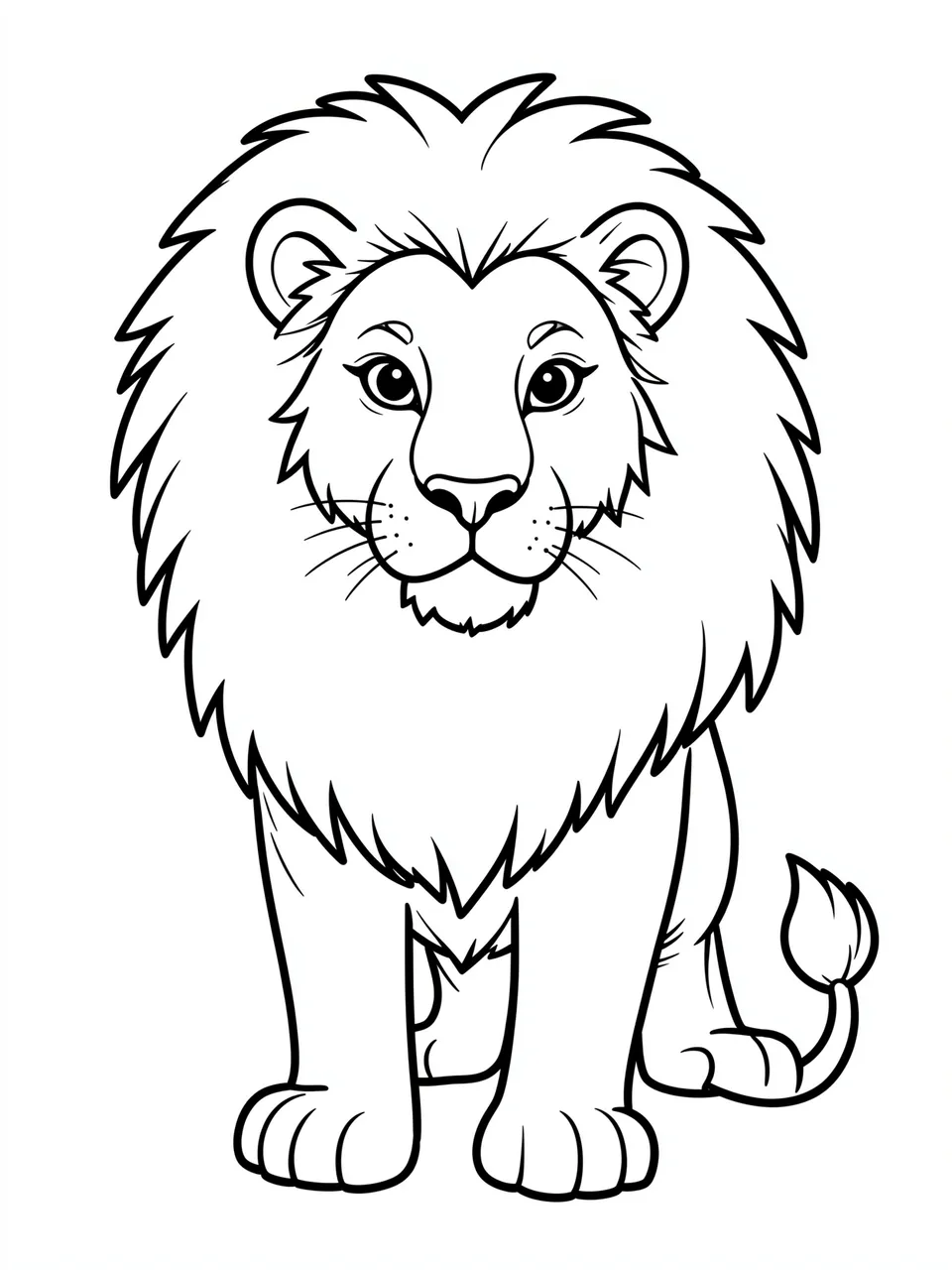Black and white bold line art of a seated friendly lion with a large fluffy mane on a plain white background