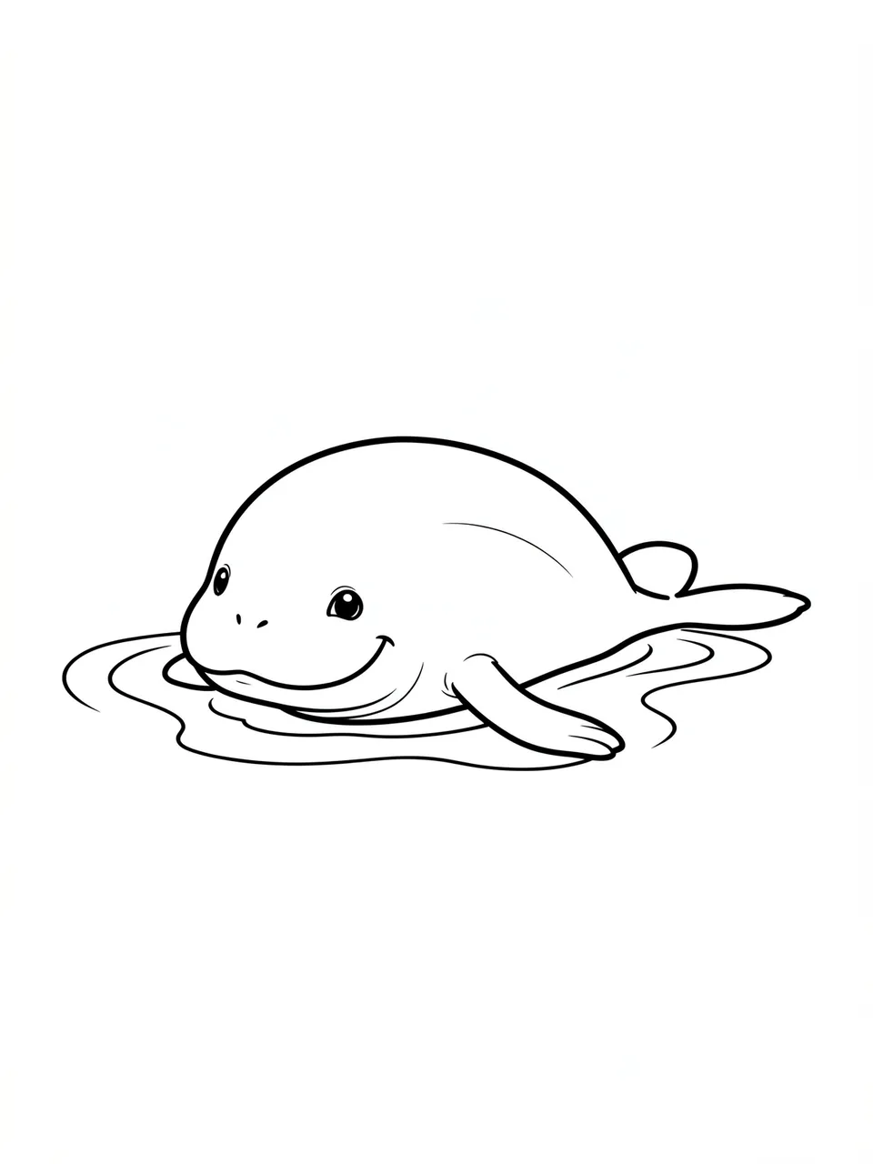 Simple black and white line drawing of a smiling manatee floating near the water surface