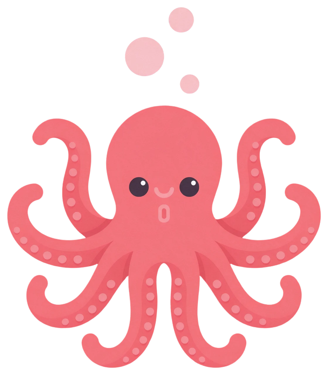 A cheerful coral pink octopus with curled tentacles and rising round bubbles above it