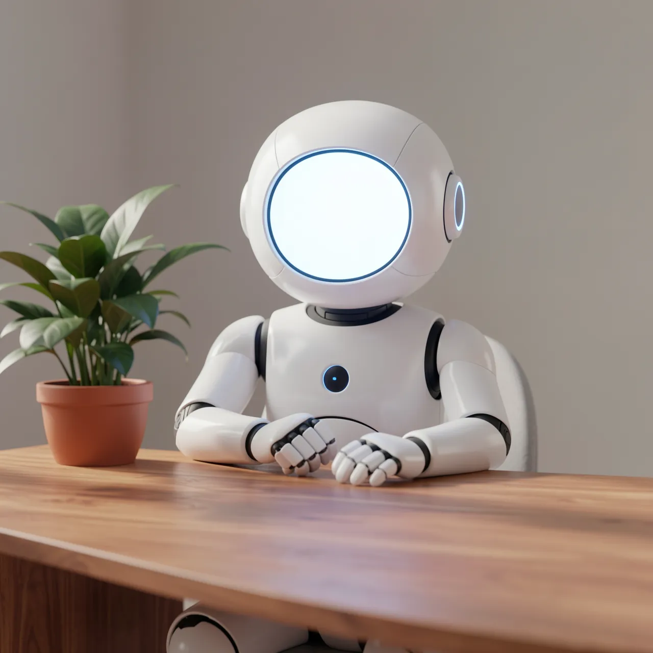 A white humanoid robot with a glowing round face sits at a wooden desk next to a potted houseplant.