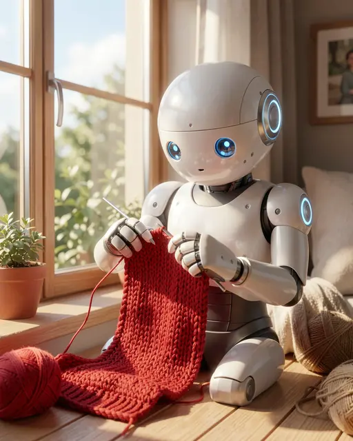 Cute white AI robot knits a thick red yarn scarf beside a sunny home window