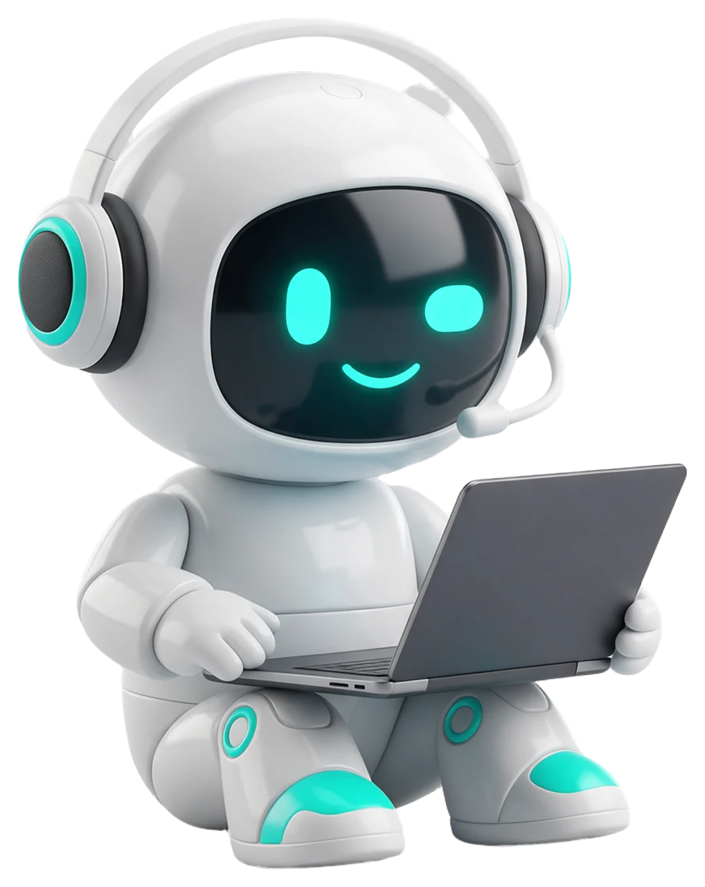 Glossy white mascot robot wearing a headset holds a laptop with glowing teal face features.
