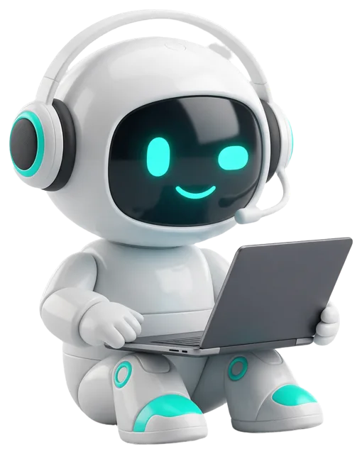 Glossy white mascot robot wearing a headset holds a laptop with glowing teal face features.