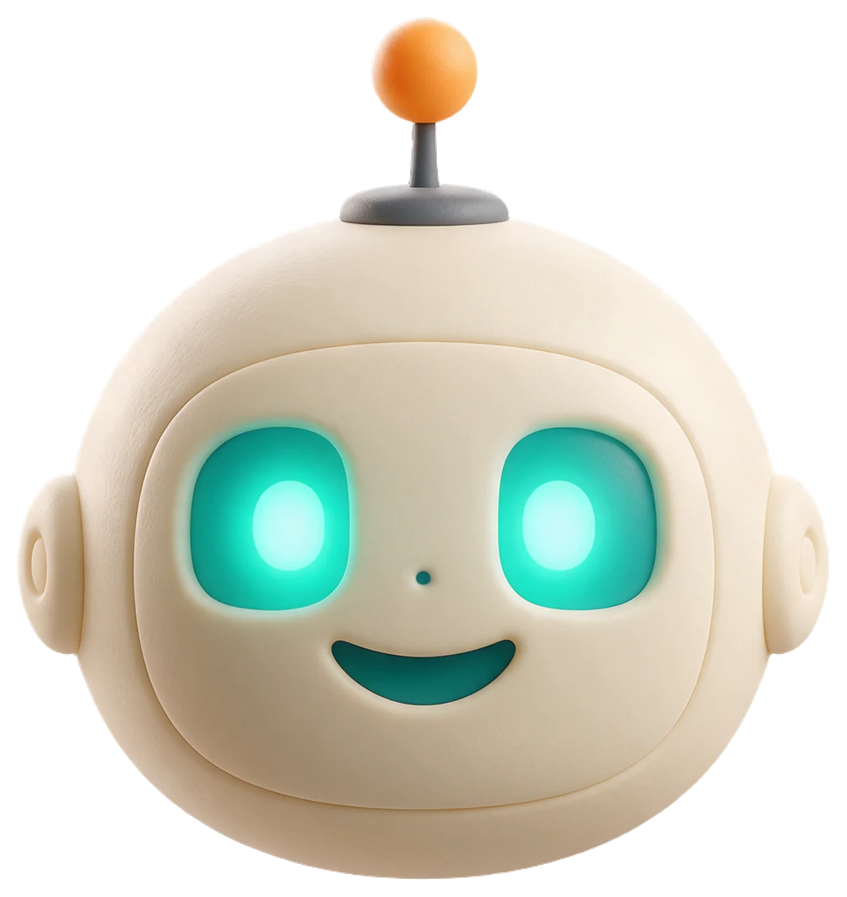 3D rendered clay-style friendly robot head with glowing teal eyes and top antenna, facing forward
