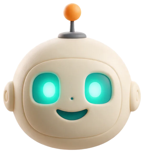 3D rendered clay-style friendly robot head with glowing teal eyes and top antenna, facing forward