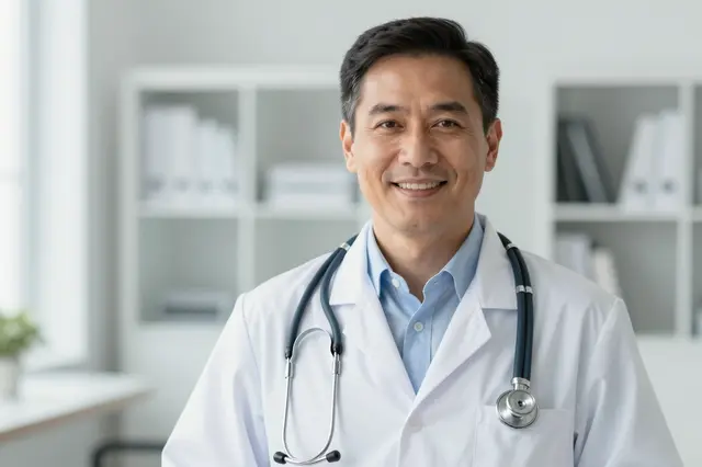 Smiling adult male doctor with a stethoscope stands in a bright modern clinic office