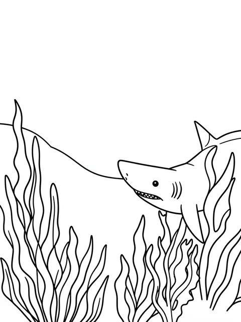Simple black and white line art of a friendly shark swimming among tall seaweed on a blank white background