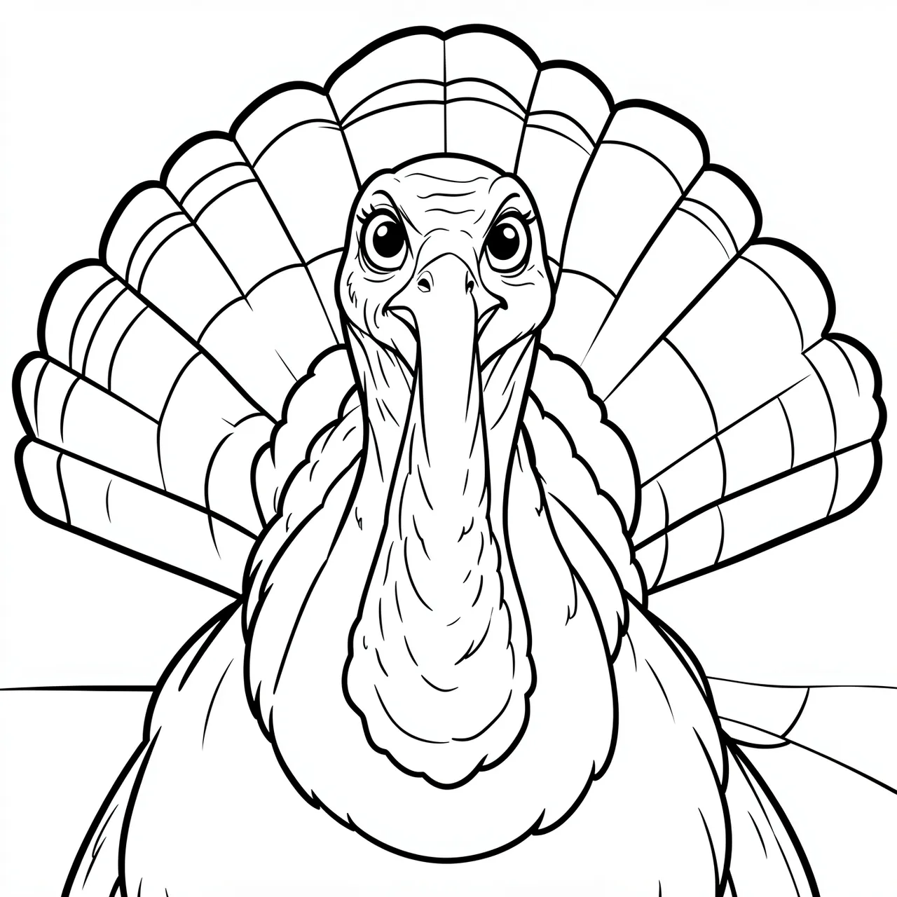 Bold black and white line art of a friendly turkey face with a fanned tail on a plain white background