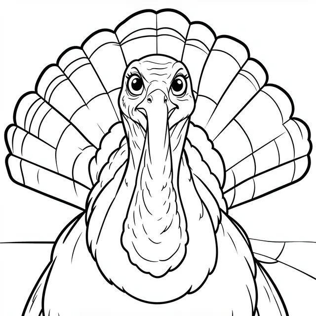 Bold black and white line art of a friendly turkey face with a fanned tail on a plain white background