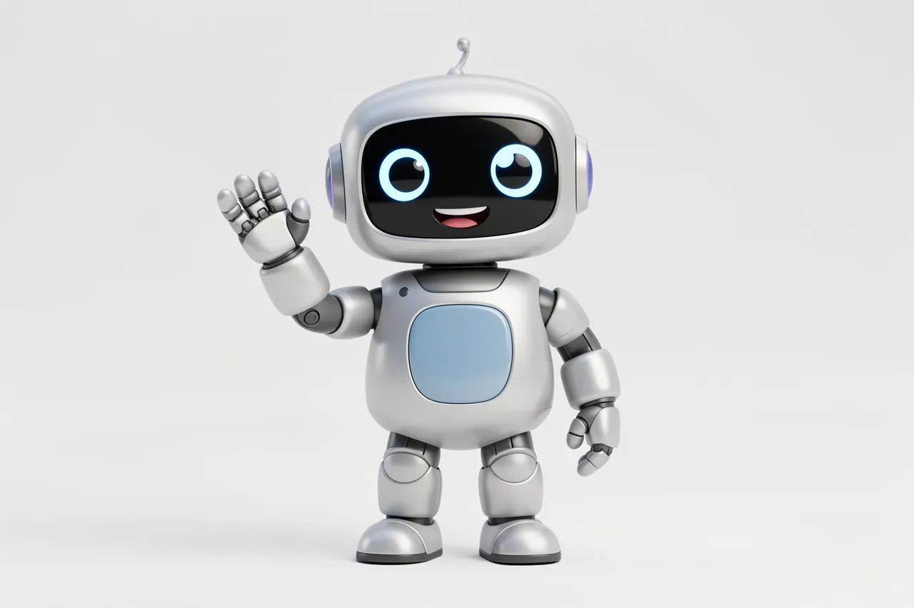 A small cartoon-style silver robot waves with a cheerful expression against a plain light gray background