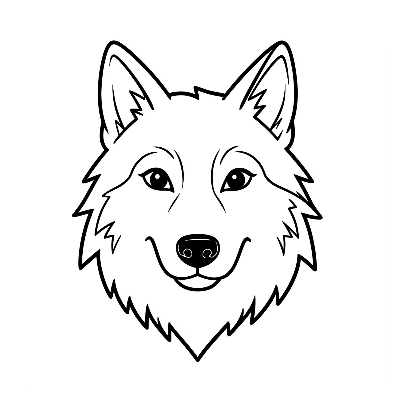 Bold black and white line drawing of a smiling friendly wolf head on a plain white background