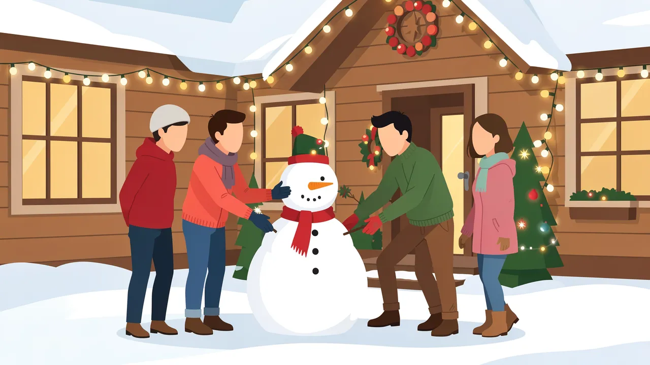 Faceless adult friends build a snowman in a snow-covered yard next to a lit holiday cabin