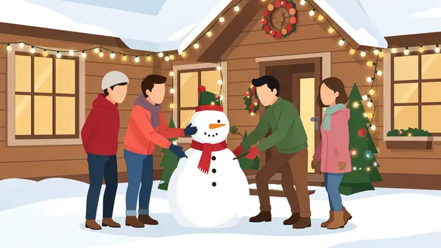 Faceless adult friends build a snowman in a snow-covered yard next to a lit holiday cabin