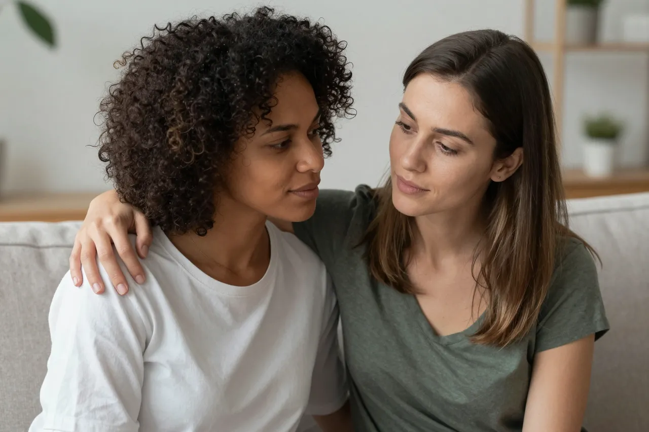 Two women sit closely on a sofa, one resting an arm around the other in a supportive gesture.