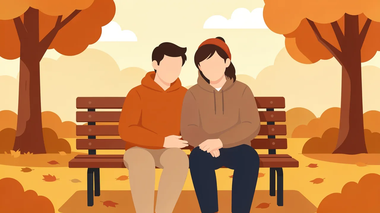 Two faceless friends sit together on a wooden park bench in a warm autumn park, with one offering support to the other.