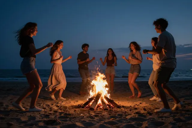 A group of adult friends dance in a circle around a glowing bonfire on a sandy beach at twilight with the ocean in the