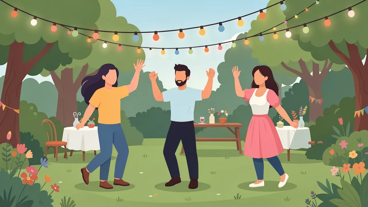Three faceless people dance together under colorful string lights at an outdoor garden party