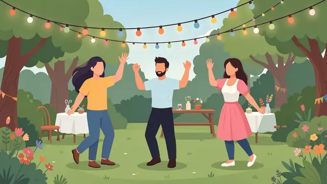 Three faceless people dance together under colorful string lights at an outdoor garden party