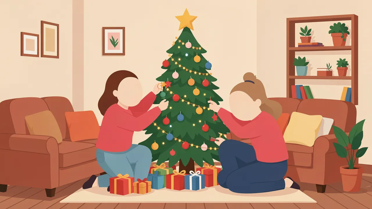 Two faceless people kneel on a rug decorating a lit Christmas tree in a cozy living room