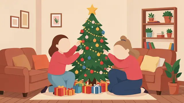 Two faceless people kneel on a rug decorating a lit Christmas tree in a cozy living room