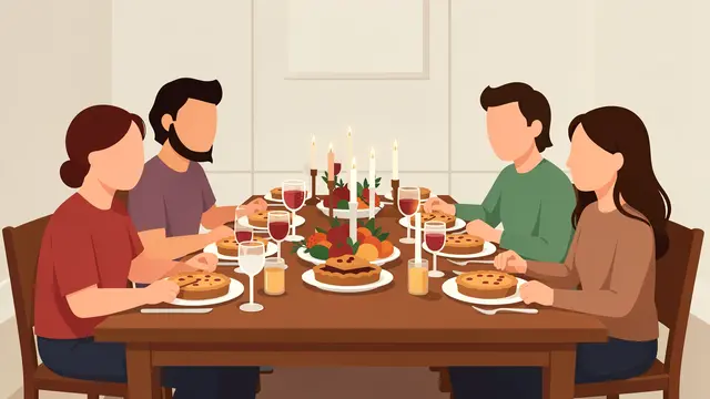 Faceless flat vector illustration of four friends seated at a long dinner table with pies, candles and drinks for a holiday