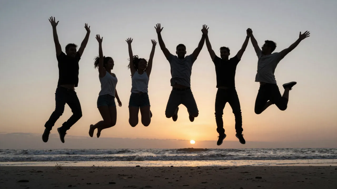 Silhouetted group of adult friends leap together above a sandy beach at golden sunset over the ocean