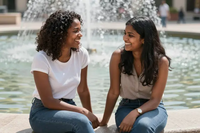 Two women in their thirties smile and laugh while sitting on the edge of a sunny plaza fountain