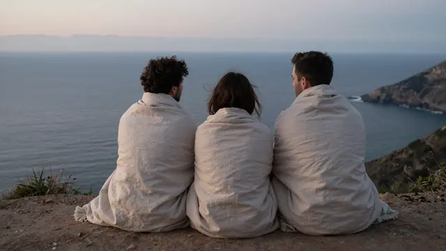 Three adult friends wrapped in blankets sit side by side on a cliff overlooking the calm sea at dusk, seen from behind.