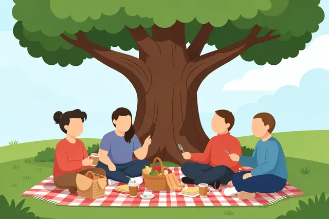 Four faceless people sit on a checkered picnic blanket sharing food beneath a big leafy tree in a grassy park.