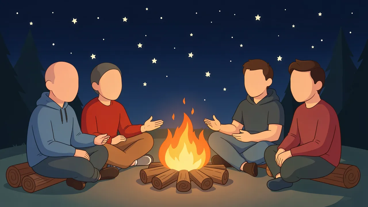 Four faceless friends sit on log seats around a glowing campfire under a starry night sky in a forest
