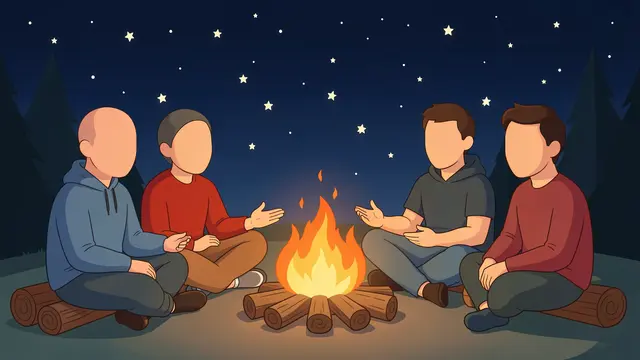 Four faceless friends sit on log seats around a glowing campfire under a starry night sky in a forest